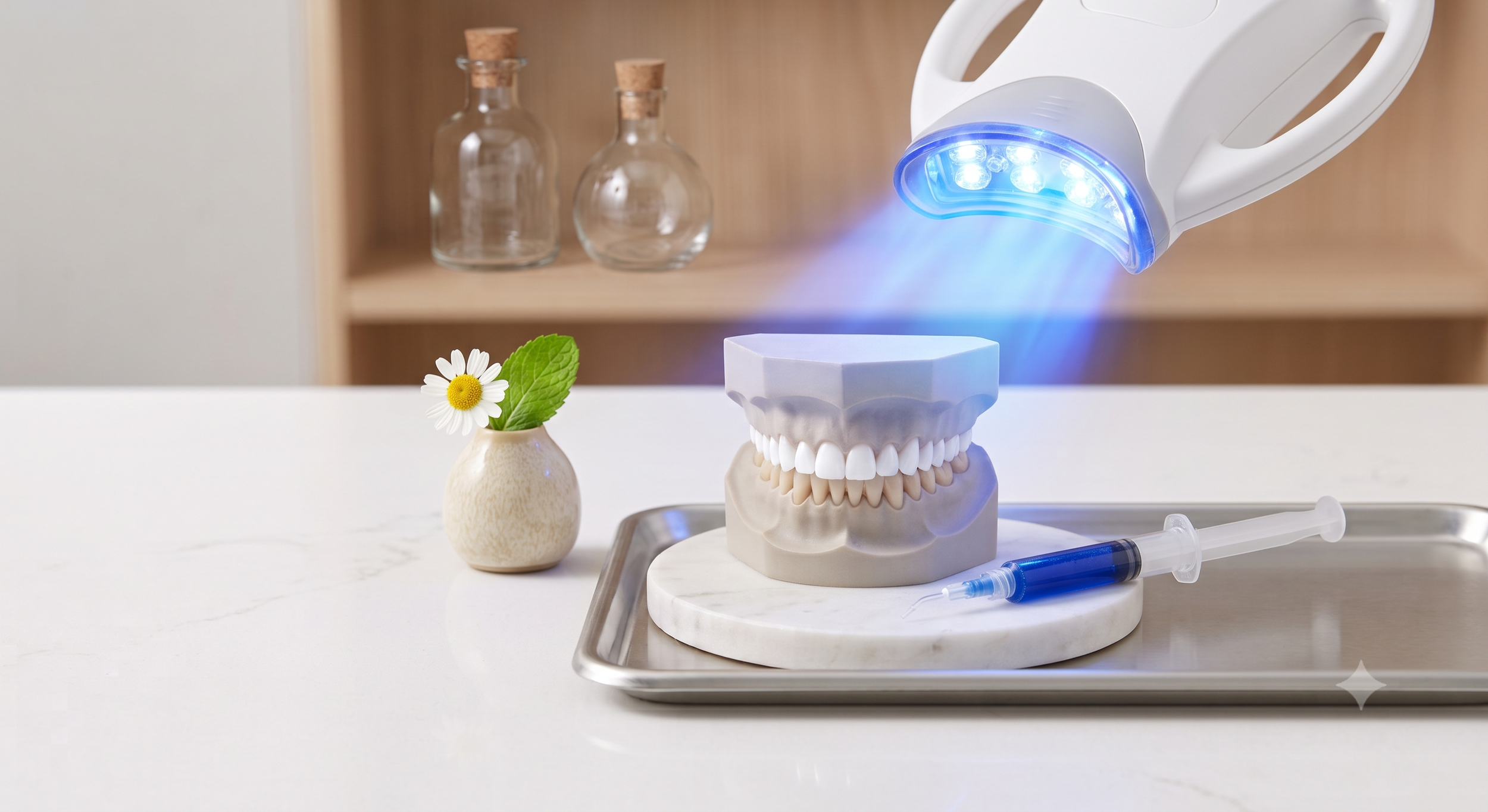 A dental model of teeth on a marble base with a syringe and a syringe holder, a small vase with a daisy and green leaf, and an ultraviolet curing light in the background.