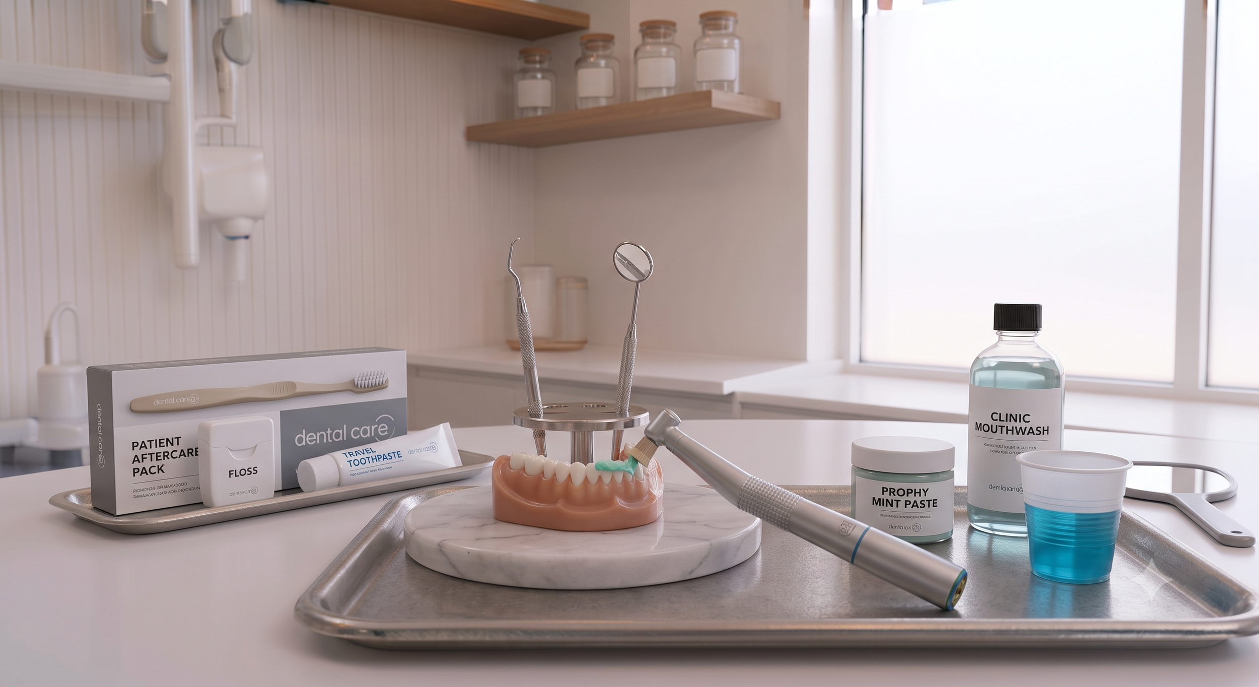 Dental tools and supplies on a countertop in a dental office, including a dental model, toothbrush, toothpastes, mouthwash, and various dental instruments.
