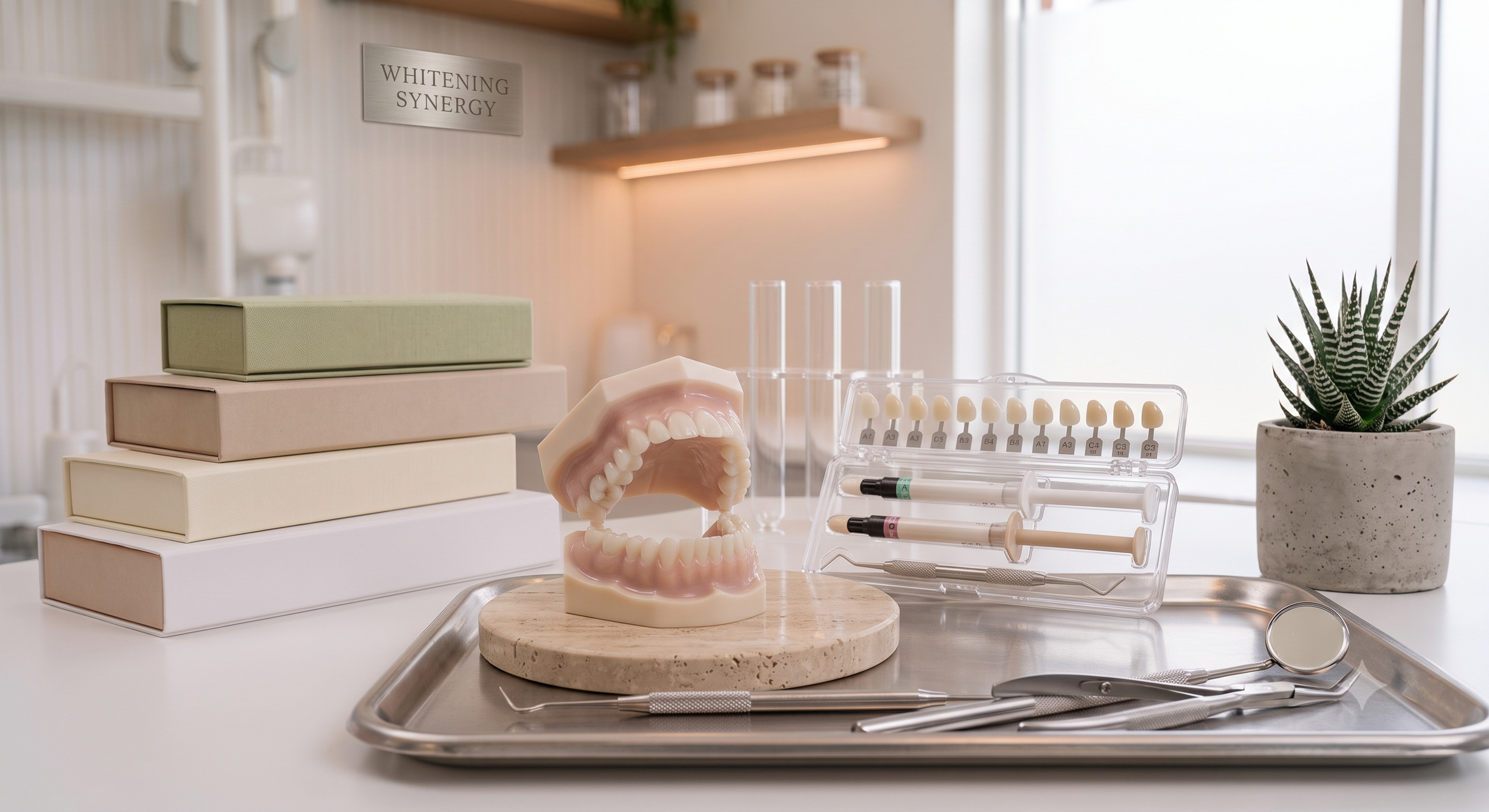 Dental clinic workspace with a plastic model of a mouth, dental tools, test tubes, syringes, a pen, and a potted plant, with a sign reading 'Whitening Synergy' in the background.