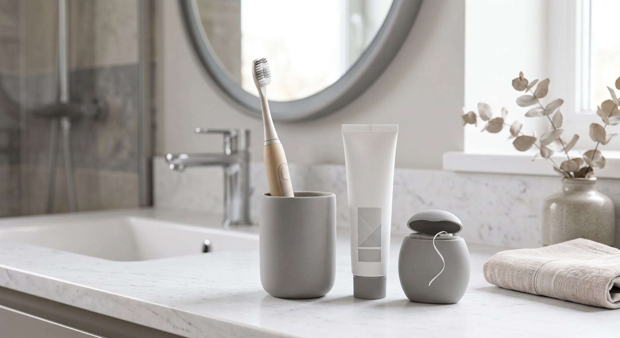Bathroom countertop with an electric toothbrush in a white cup, a white tube, a white container with a lid, a white diffuser, a folded beige towel, and a potted plant with beige leaves, with a mirror and window in the background.