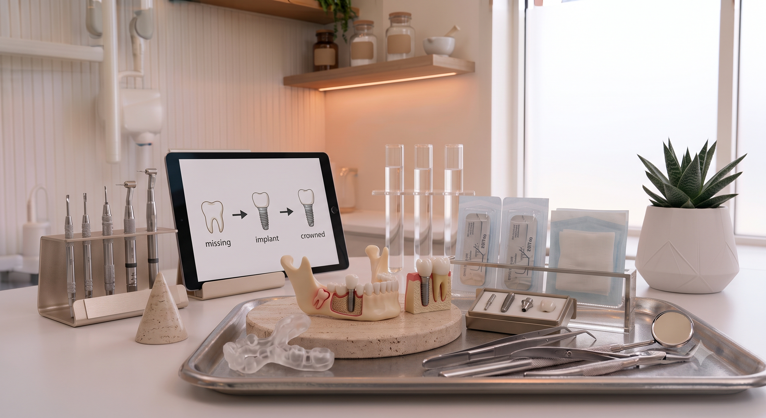 Dental demonstration on a tabletop showing a step-by-step diagram of missing tooth to crowned implant, dental tools, a model of teeth with implants, various dental supplies, a potted succulent, and a tablet displaying the dental procedure.