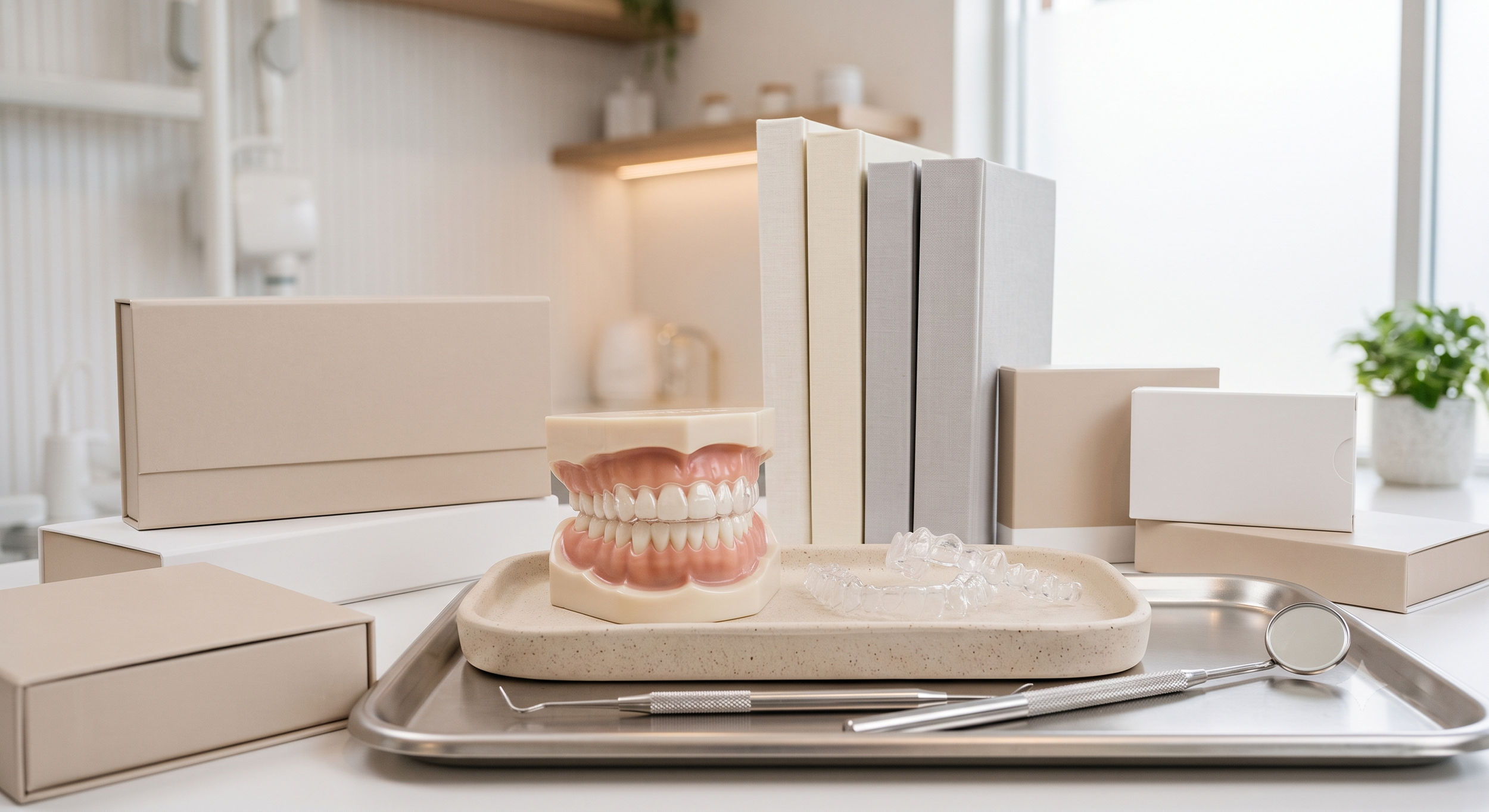 A dental model of teeth and gums, several storage boxes, a dental tray, and dental tools on a countertop in a dental clinic or orthodontist's office.