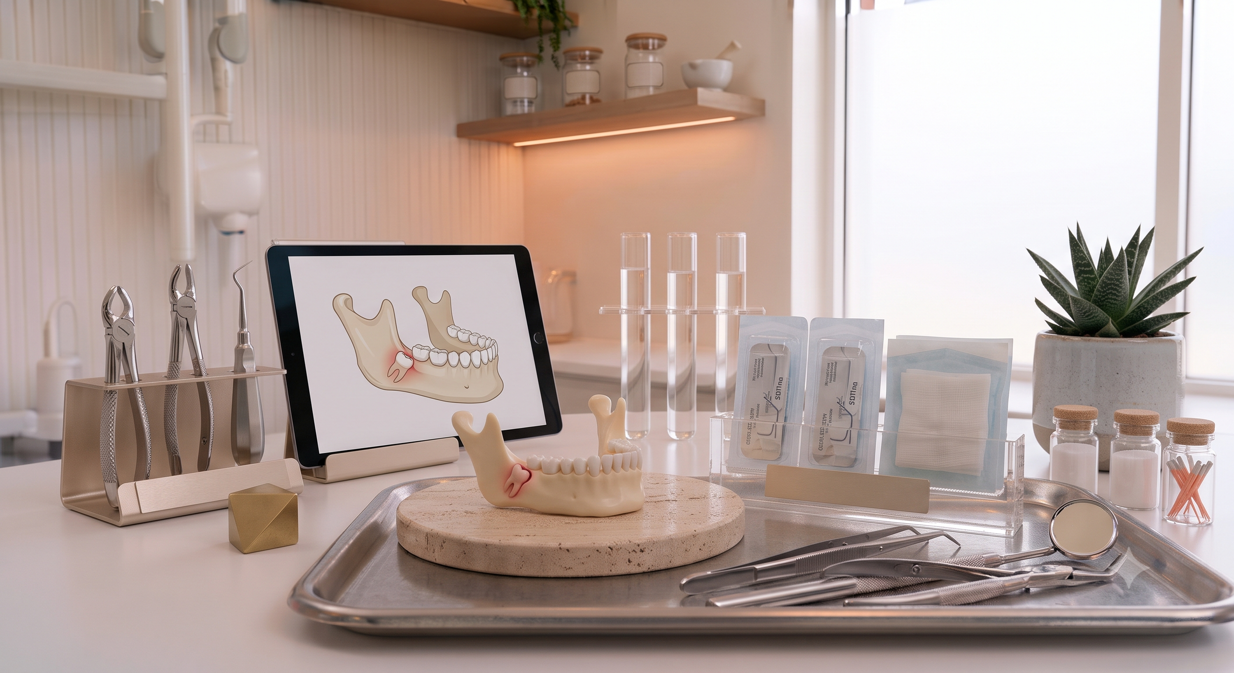 A dental display setup with a model of a human jaw and teeth, dental tools, test tubes, and a tablet showing an illustration of a tooth extraction, with a potted plant in the background.