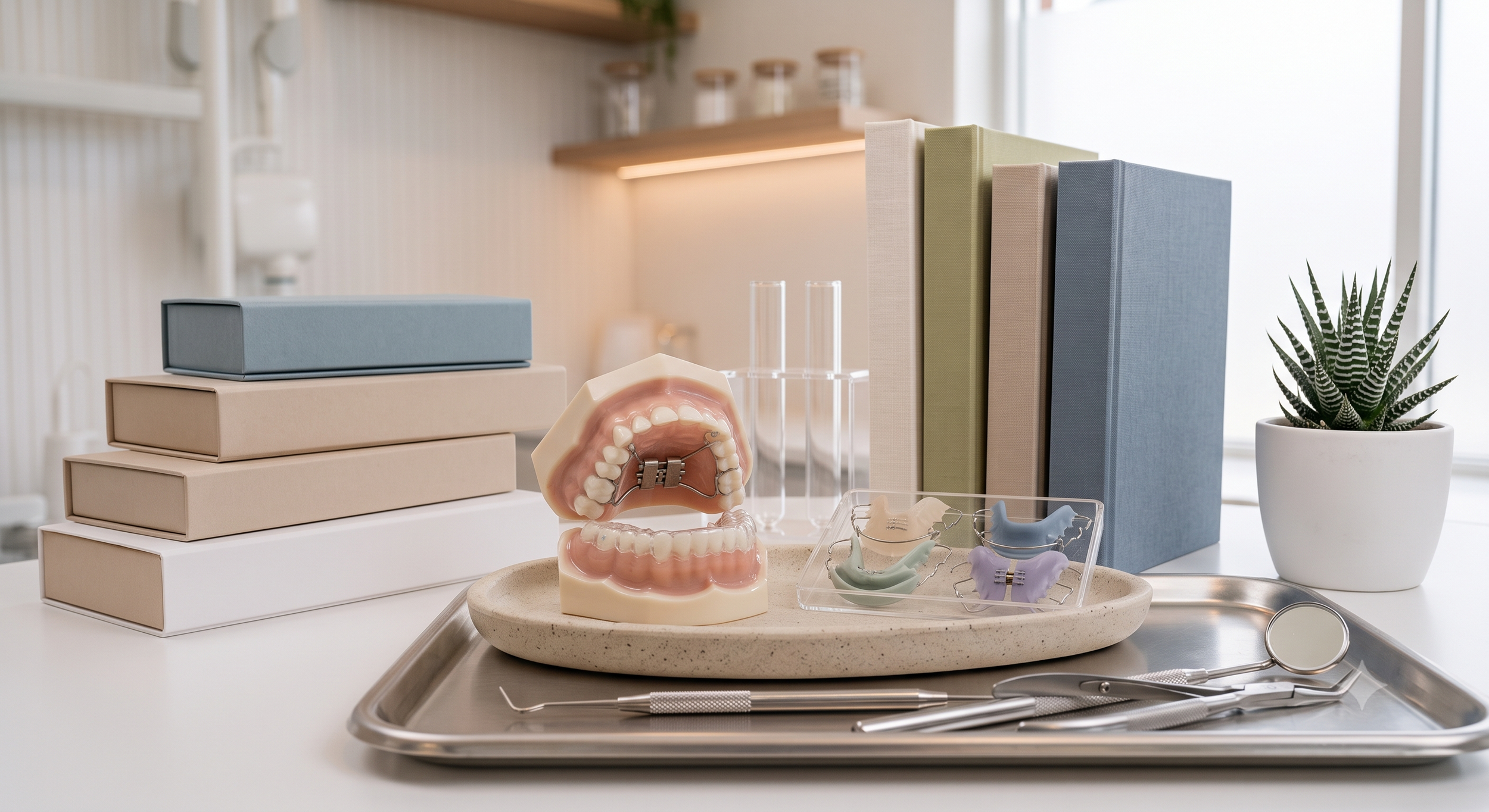 Dental supplies and models on a tray, including a teeth model with orthodontic braces, various color dental impression trays, a potted succulent plant, and stacks of colored and beige boxes in a dental office.