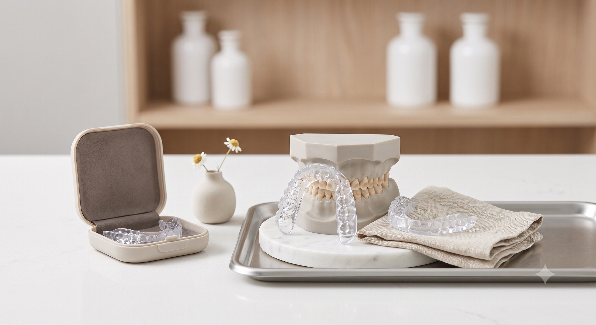 Dental appliance and models on a white table, with a small vase holding daisies and a closed jewelry box.