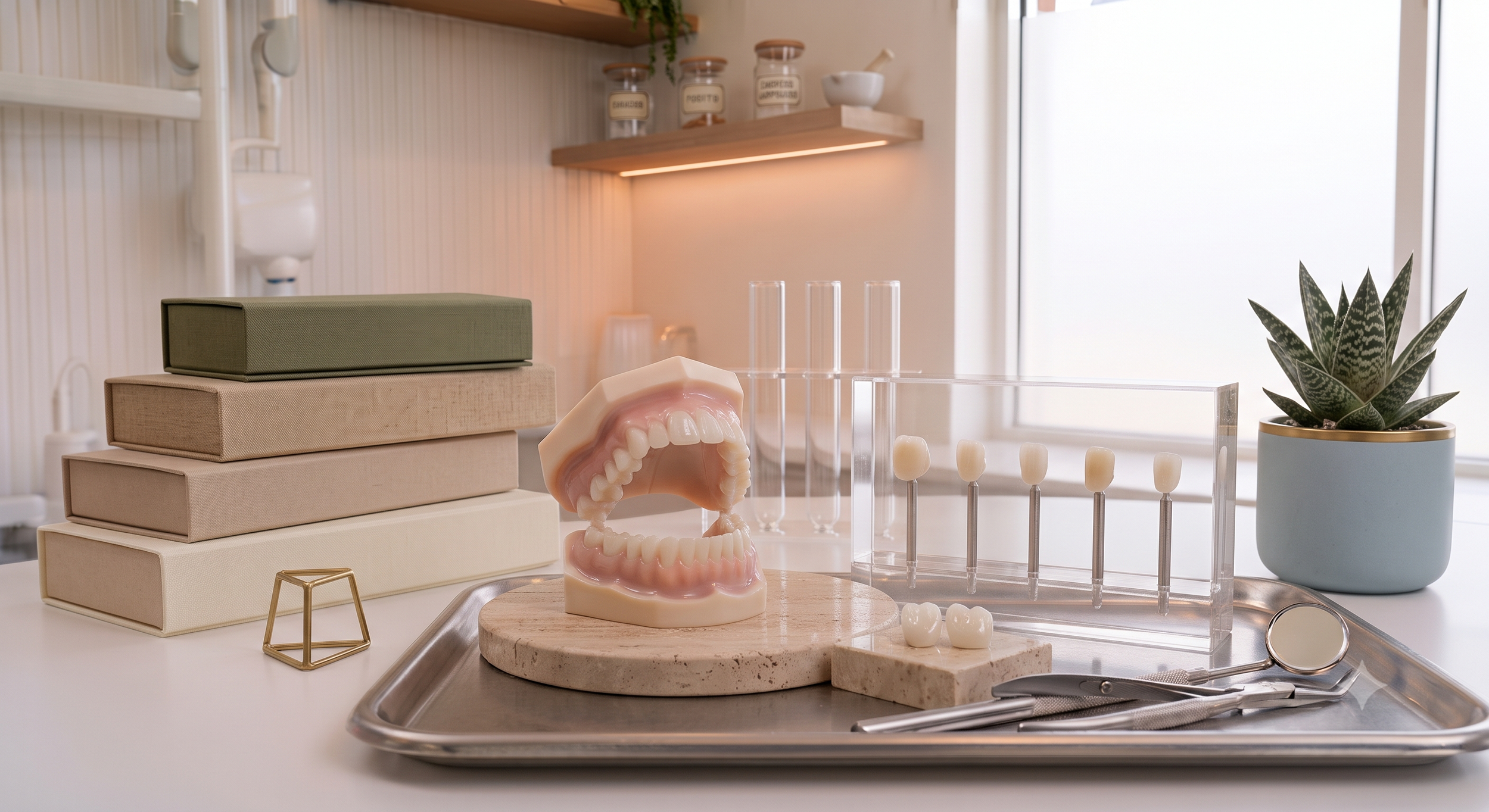 A dental office workspace with stacked color swatch boxes, a dental model with teeth, dental tools, and a potted succulent on a white countertop, with shelves and jars in the background.