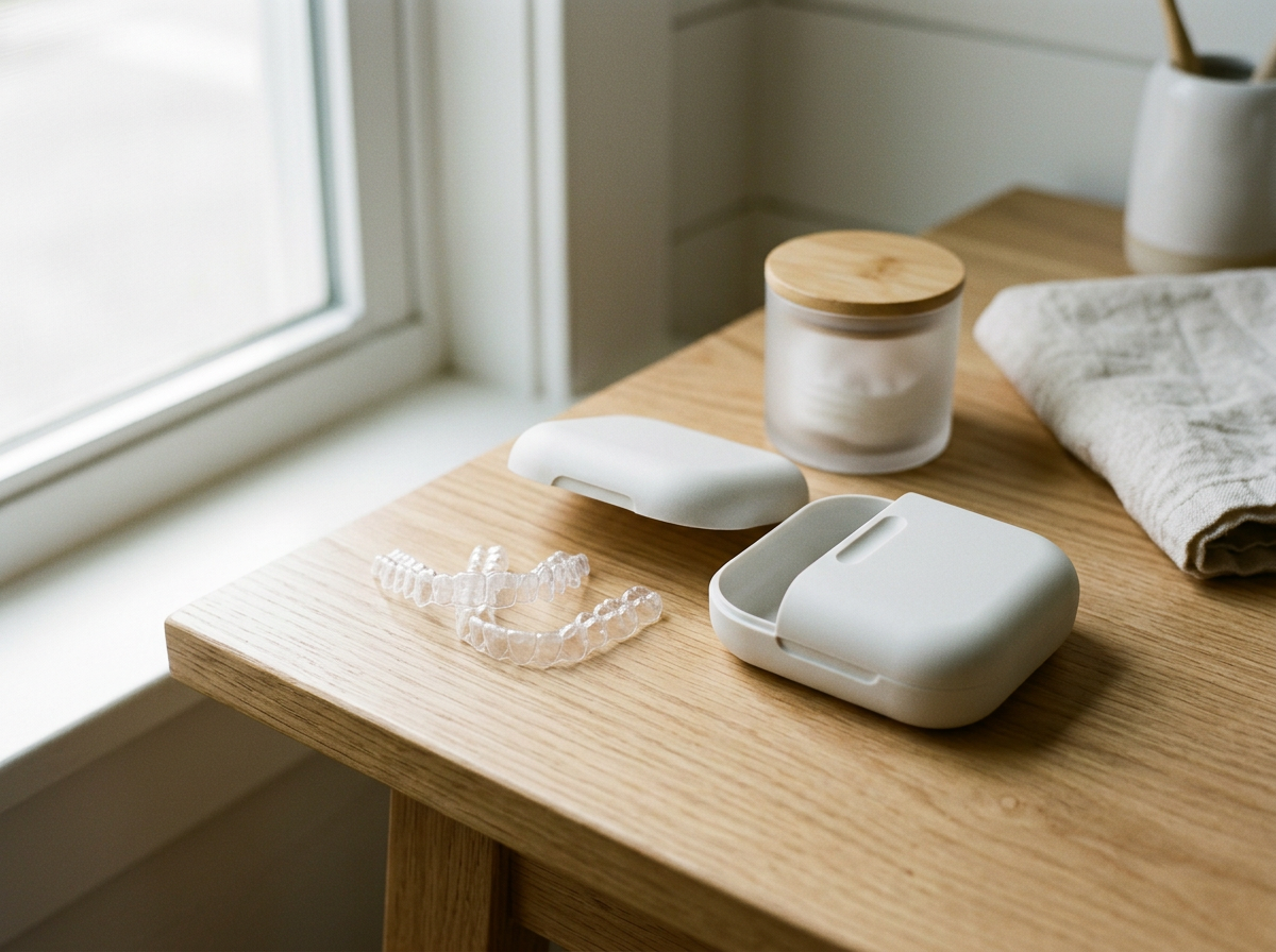 A wooden table near a window with a plastic dental night guard, a case, and a small container with a wooden lid placed on it.