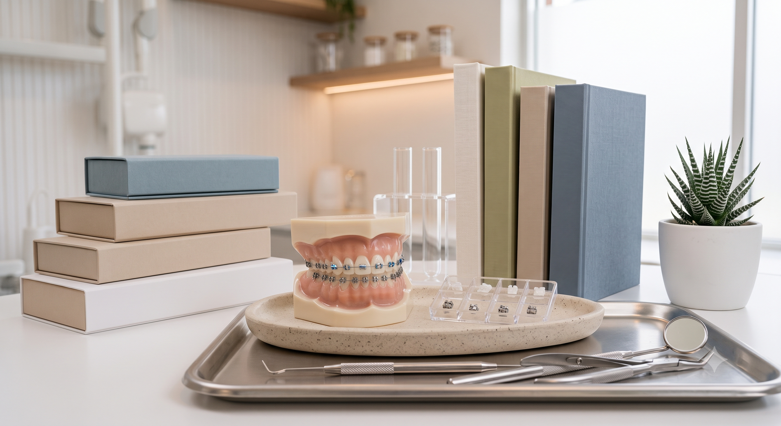 Dental models, books, and dental tools on a tray in a clinical setting, with a potted plant in the background.