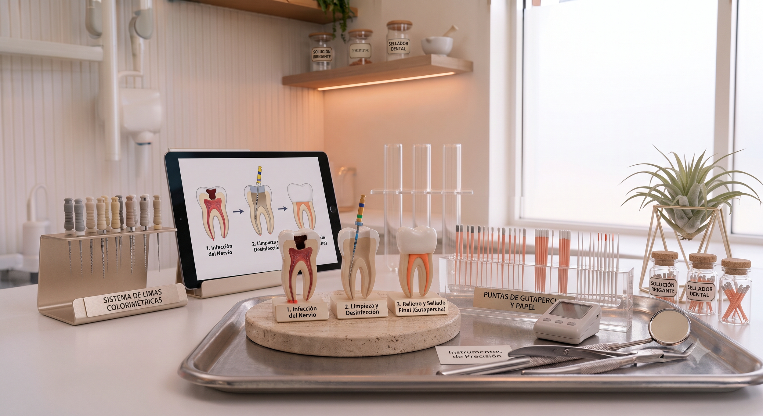 Dental office setup with models and tools for teaching root canal procedures. Includes informative sign and labeled containers with dental materials, potted plant, and medical instruments.