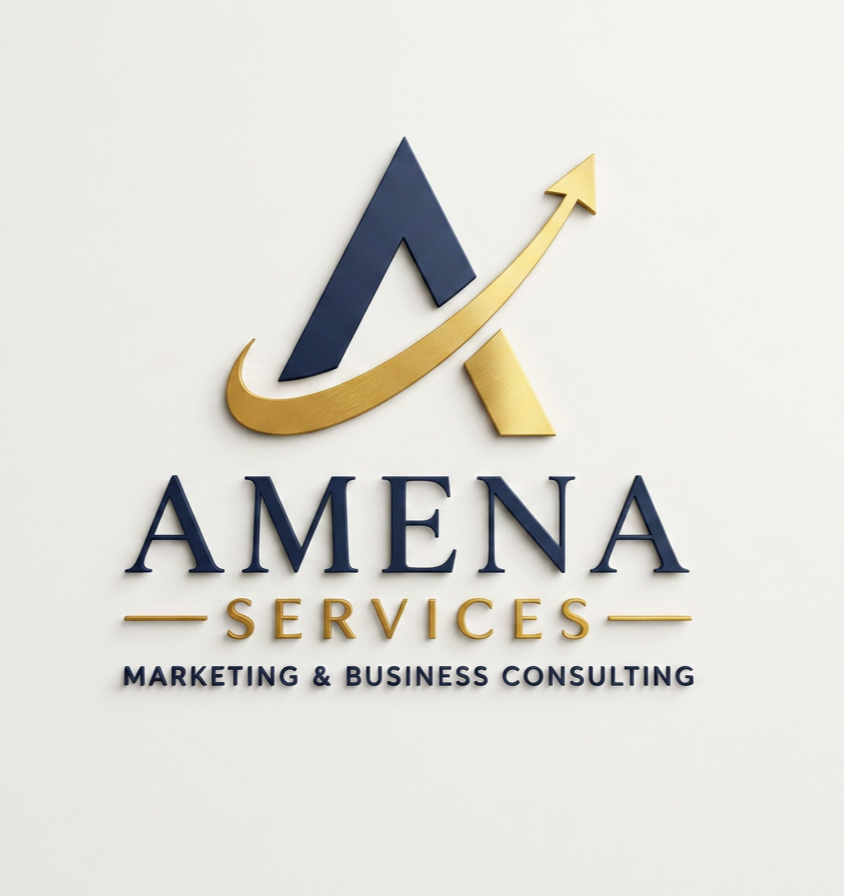 Amena Services logo with a navy blue and gold design representing business growth. Marketing and business consulting firm helping entrepreneurs and small businesses grow through branding, digital marketing, website design, and strategic consulting.