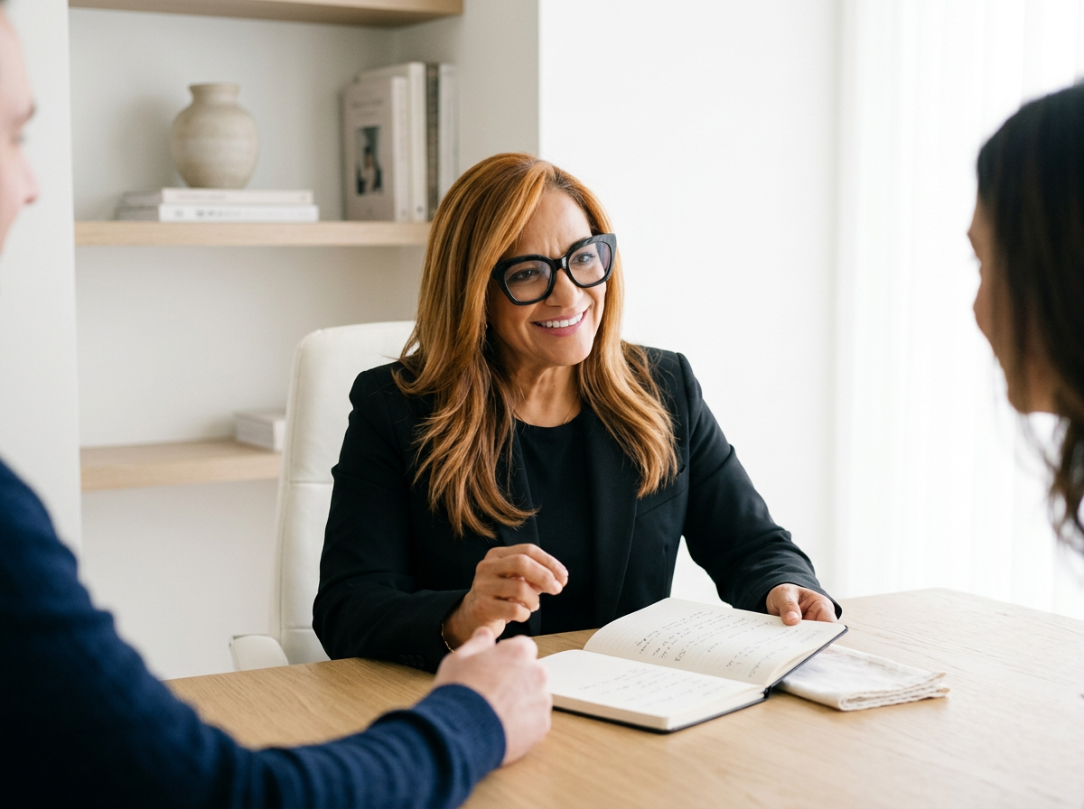 Businesswoman in glasses and black blazer smiling during a meeting inside a modern office.