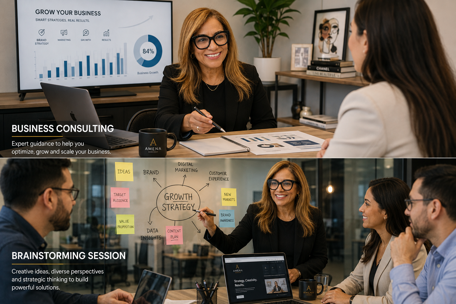 A business woman discusses strategies with colleagues in a brainstorming session and in a consulting meeting in an office setting.
