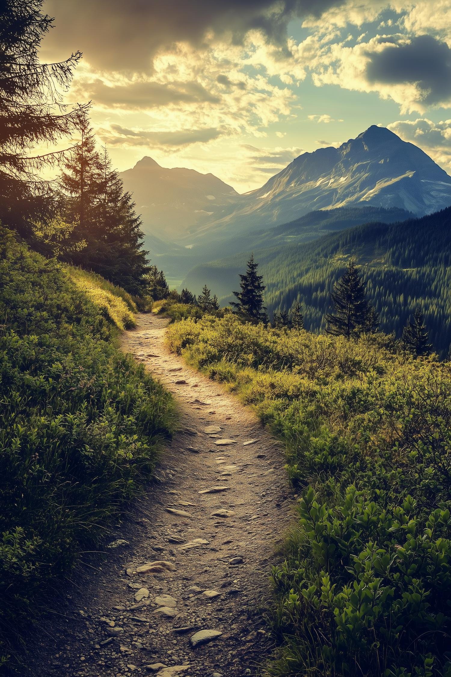A dirt hiking trail winds through green grass and bushes, with tall evergreen trees on the left and a mountain range with snow-capped peaks in the background, illuminated by a golden sunset with partly cloudy sky.