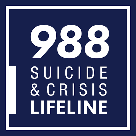 A logo for the 988 Suicide & Crisis Lifeline with bold white text on a dark blue background, featuring the number 988 at the top.