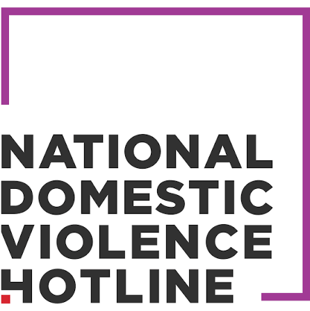 Text reading 'National Domestic Violence Hotline' with purple frame and accents.