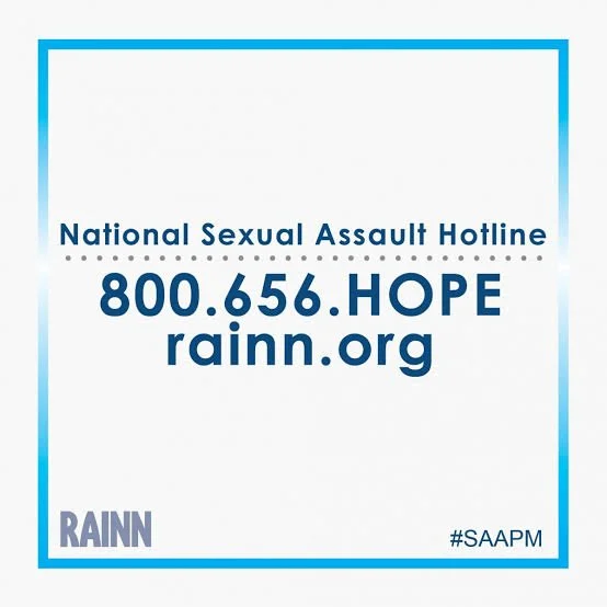 Information for the National Sexual Assault Hotline with phone number 800-656-HOPE and website rainn.org, featuring a blue and white design with the hashtag #SAAPM.