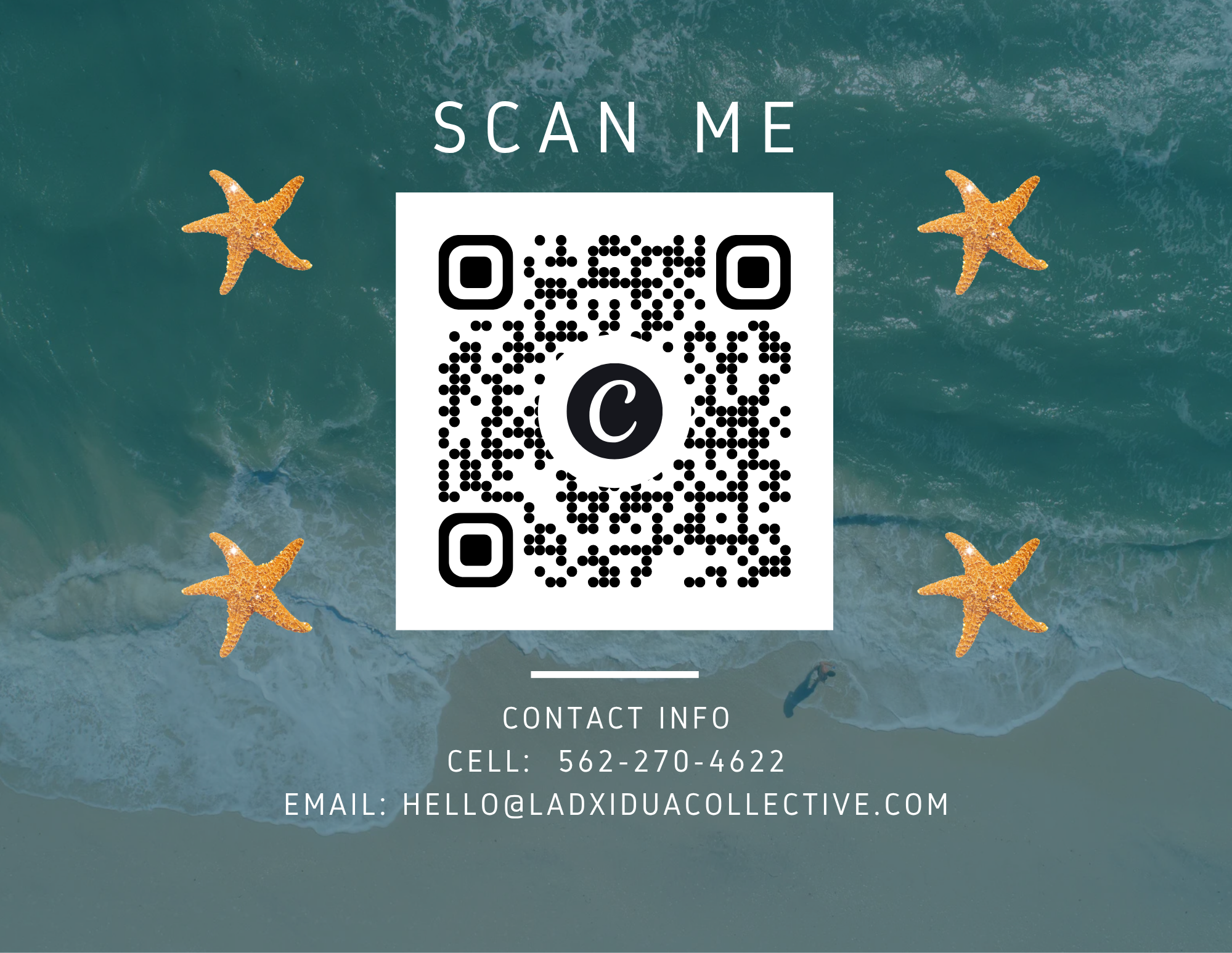 An aerial view of a beach with multiple starfish on the sand. In the foreground, overlaid text and a QR code invite for contact information. The starfish are orange, and the ocean waves are visible at the bottom of the image.