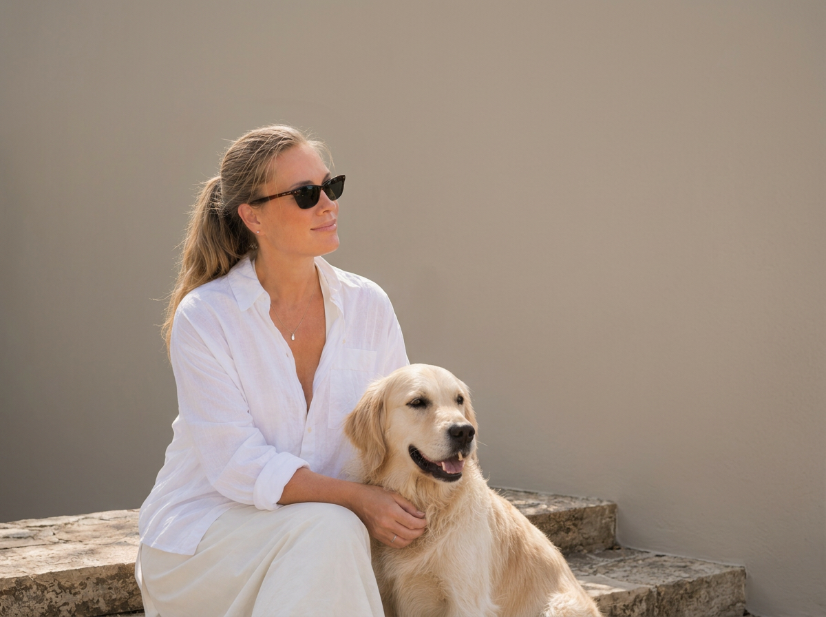 A woman wearing a white shirt and sunglasses sitting outdoors with a golden retriever dog.