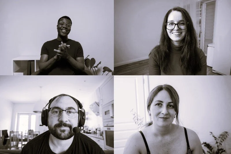 Four video-call portraits in a two-by-two grid: people smiling or listening from home, including a man wearing headphones, conveying a warm, relaxed conversation.