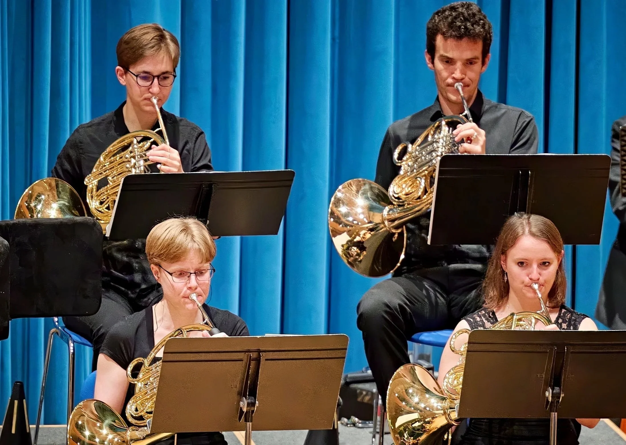 A group of musicians playing French horns during a concert, with a blue curtain backdrop.