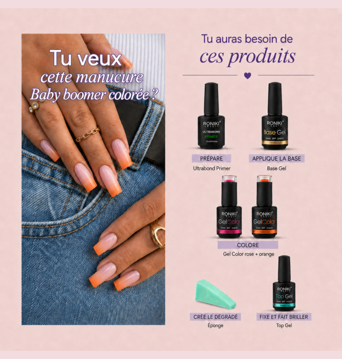 Un panneau promotionnel avec une main montrant des ongles en manicure orangée et des produits pour la manucure, y compris une base, un primer, des vernis colorés, une éponge et un top coat, avec un texte en français.
