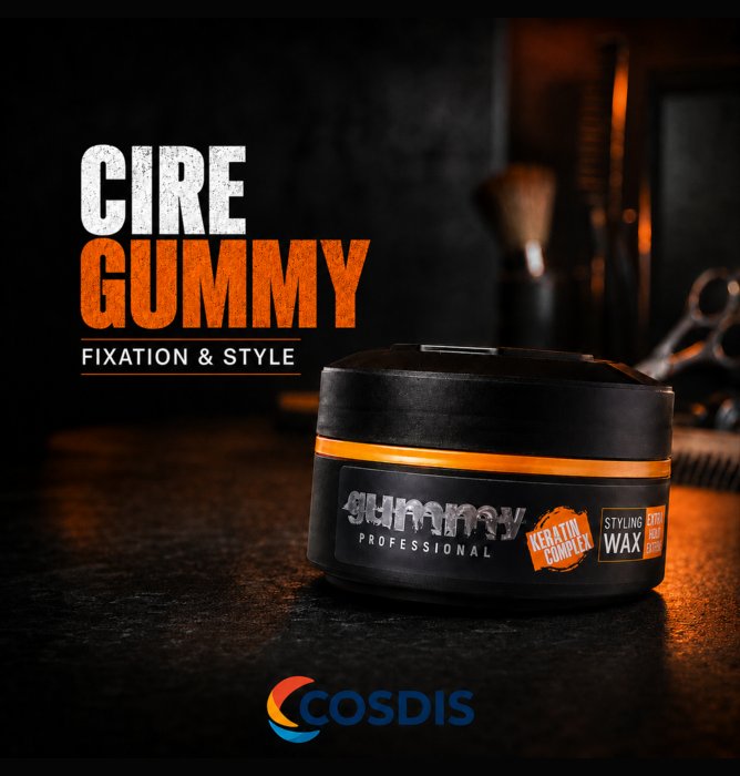 Un pot de cire coiffante Gummy professional avec un fond sombre, mettant en avant l'étiquette du produit et le logo COSDIS en bas.