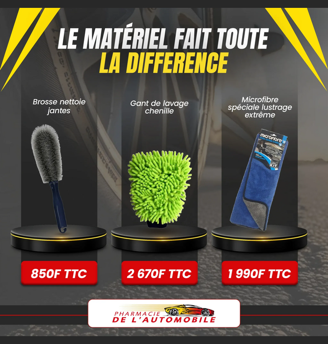 Comparaison de trois outils de nettoyage pour voiture : une brosse nettoie-jantes à 85F, un gant de lavage en chenille à 2670F, et un microfibre à 199F, avec le texte 'Le matériel fait toute la différence'.