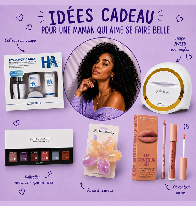 Une sélection de cadeaux pour une maman qui aime se faire belle, comprenant un coffret soin visage, une lampe UV/LED pour ongles, une collection de vernis semi-permanents, une pince à cheveux, un kit contour lèvres, et un selfie d'une femme avec des cheveux bouclés et maquillée, présentée sur un fond violet avec des petites cœurs.