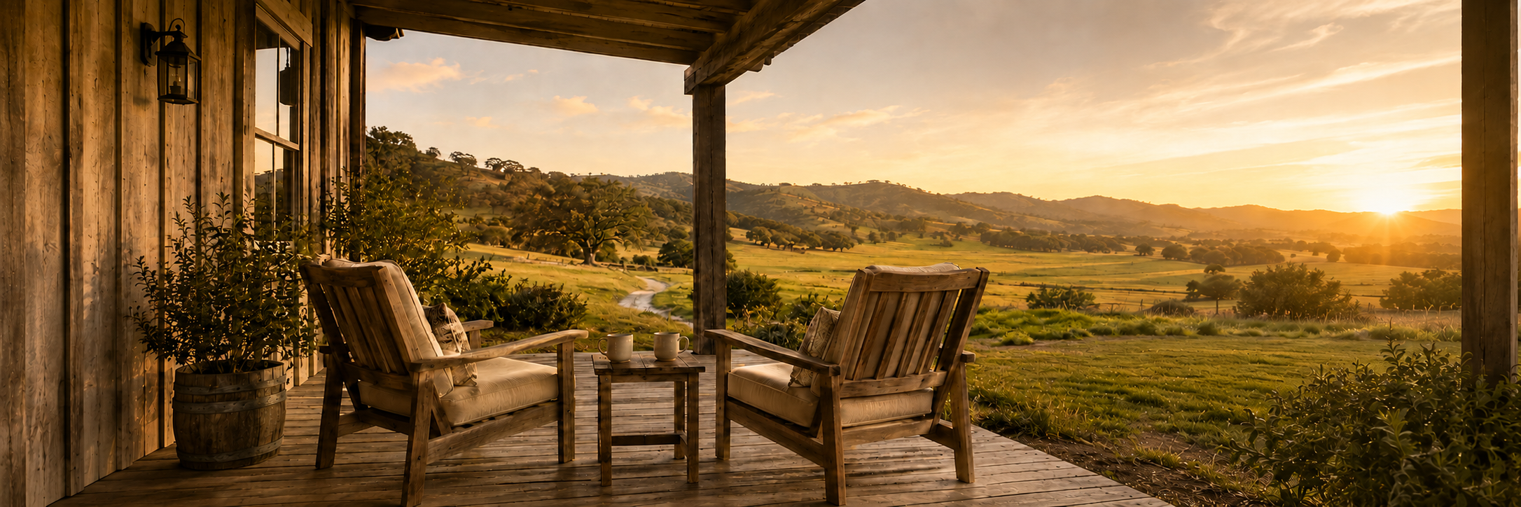 A rustic wooden porch with two chairs and a small table, overlooking rolling green hills and trees during sunset.