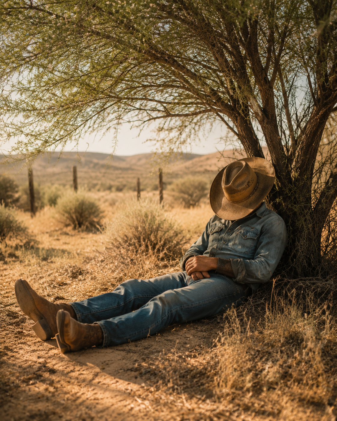 A cowboy sitting against a tree in a desert landscape with dry bushes and mountains in the background, wearing a cowboy hat, denim shirt, jeans, and boots, with his face obscured by the hat taking a nap under the shade of the tree.