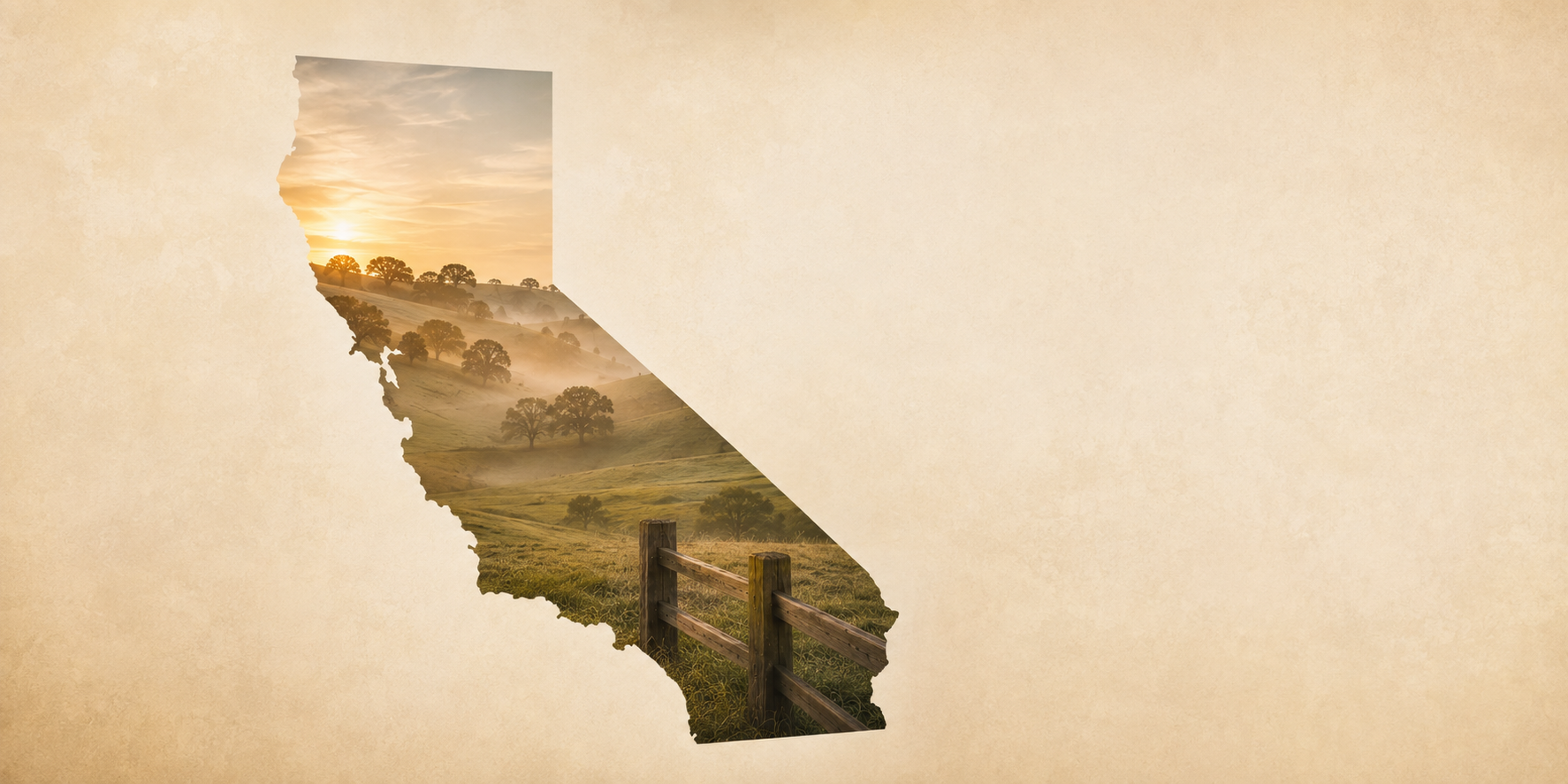 Sunset over rolling hills with trees, inside the shape of California, with a wooden fence in the foreground.