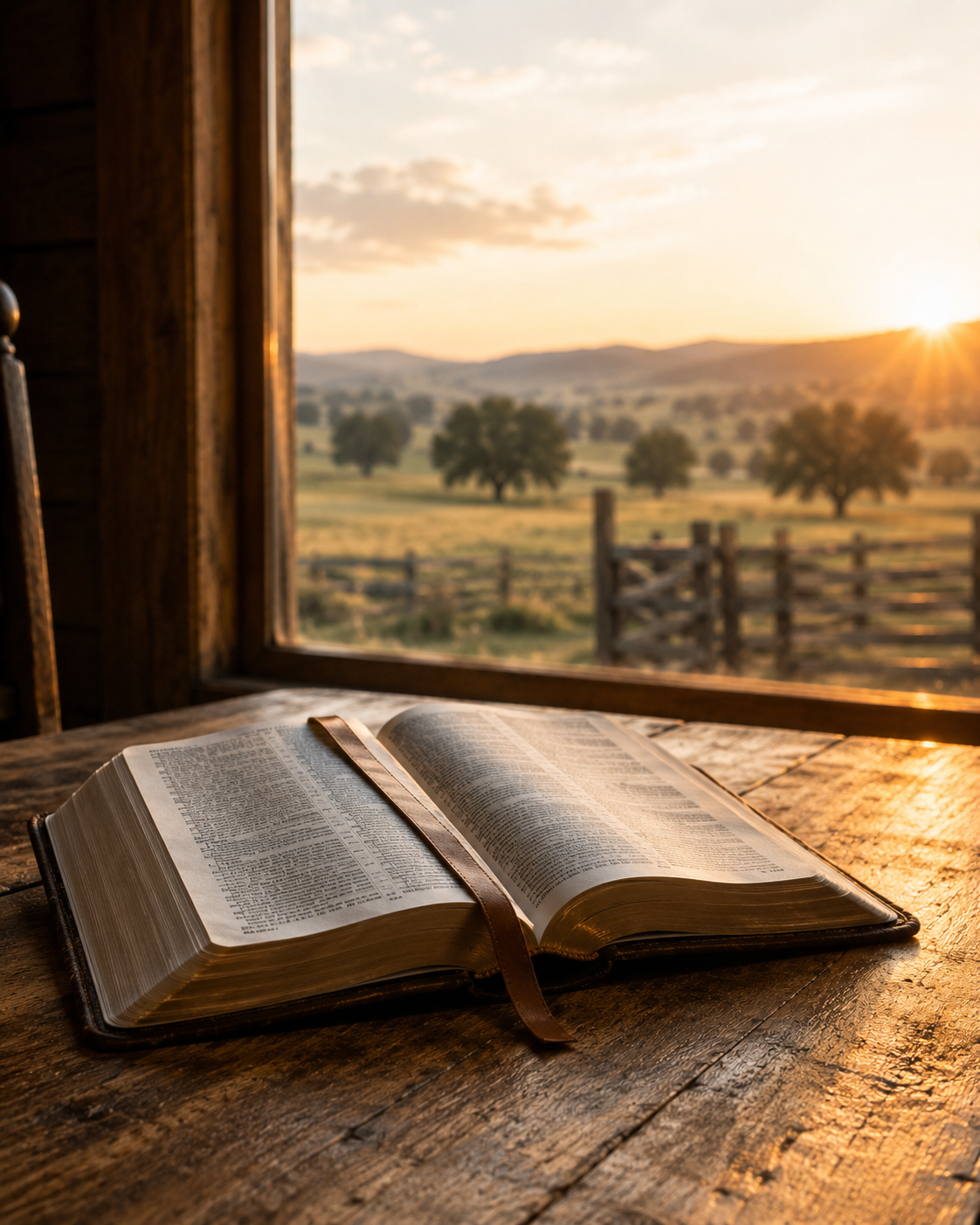 An open Bible on a wooden table near a window, looking out onto a countryside landscape with trees and hills at sunset.