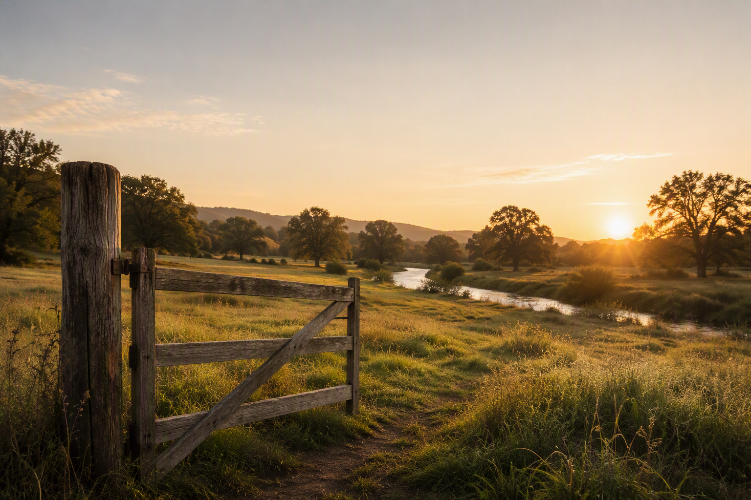 A rustic wooden gate opens to a grassy trail along a river, with several large trees in a rural landscape at sunset.