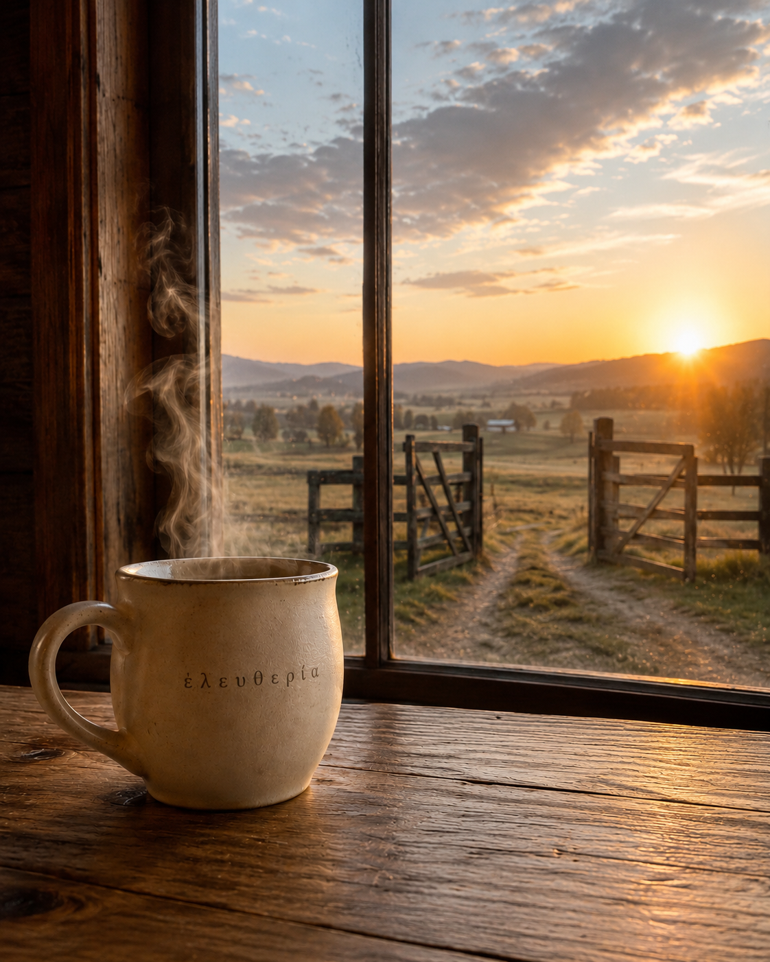 A steaming cup of coffee or tea on a wooden table near a window, with a sunrise or sunset over a rural landscape with fields, trees, a fence, and distant mountains.