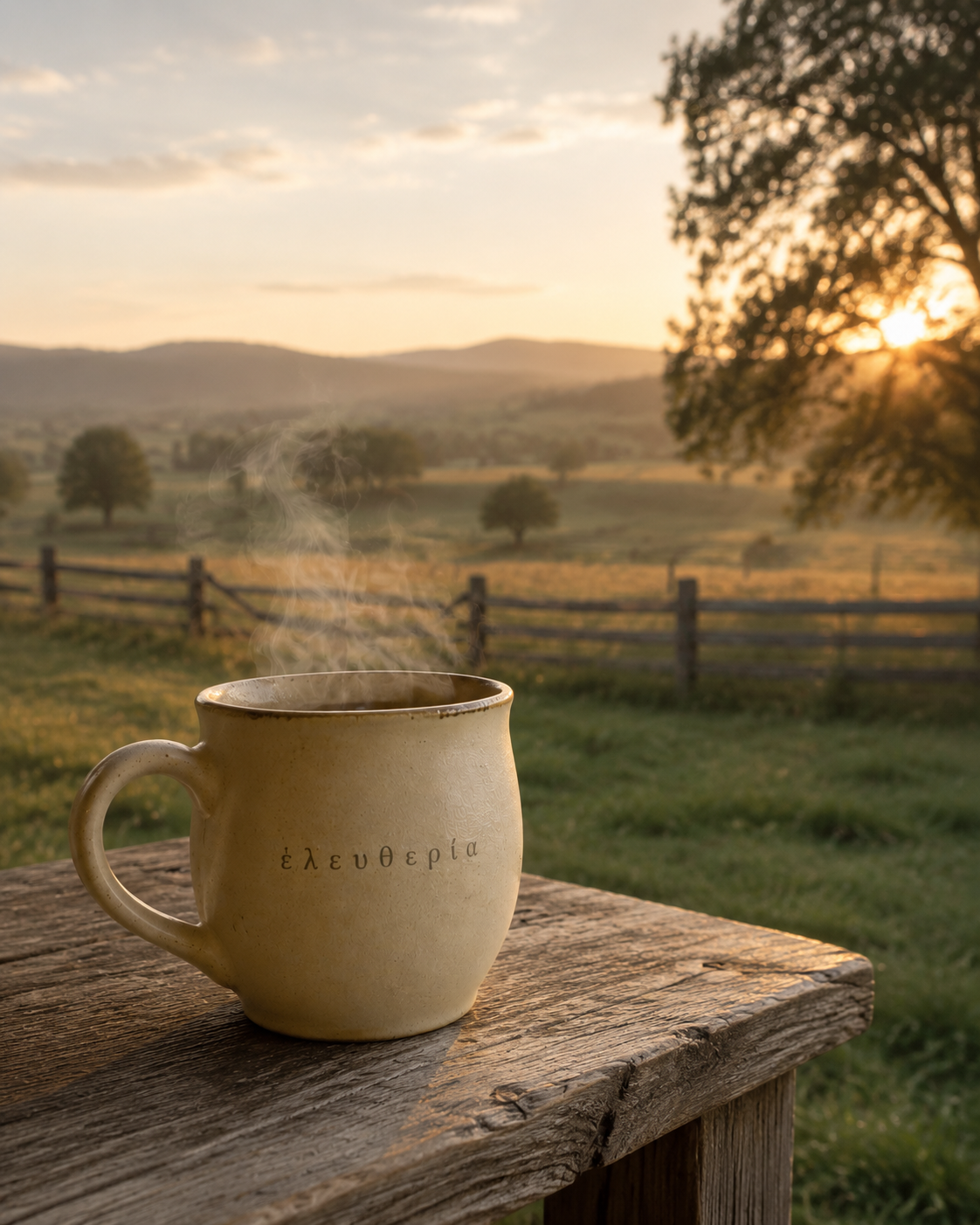 A steaming coffee mug with Greek text on it, placed on a wooden surface outdoors during sunset, overlooking a rural landscape with trees and hills.