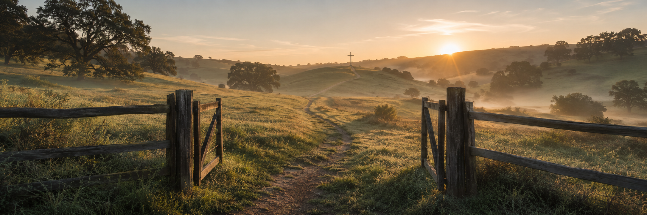 Sunrise over rolling hills with a dirt path leading to a cross on a hilltop, surrounded by trees and a wooden fence in the foreground.