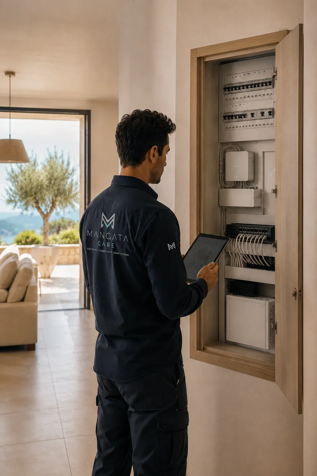 Un técnico revisando un panel eléctrico con una tableta en un espacio interior con una sala y vista al exterior.