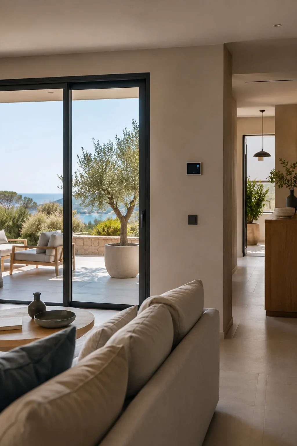 Interior de una vivienda contemporánea con acceso a una terraza exterior.