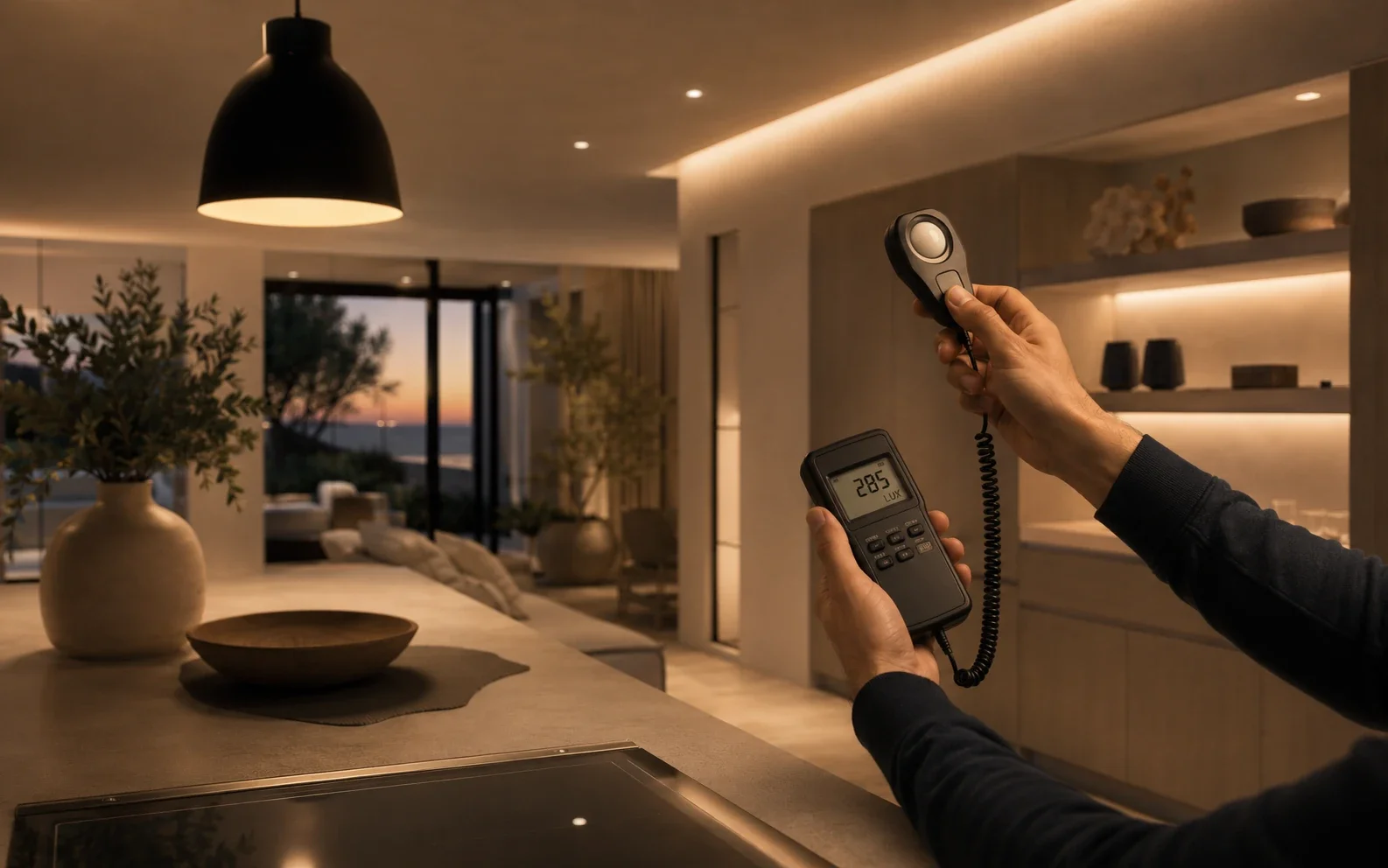 Technician measuring indoor light levels in a modern home during a scheduled technical inspection.