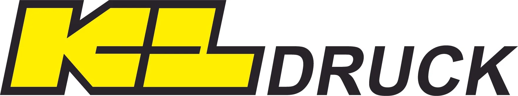 Logo des Druckdienstleisters 'KL Druck' in Gelb und Schwarz.