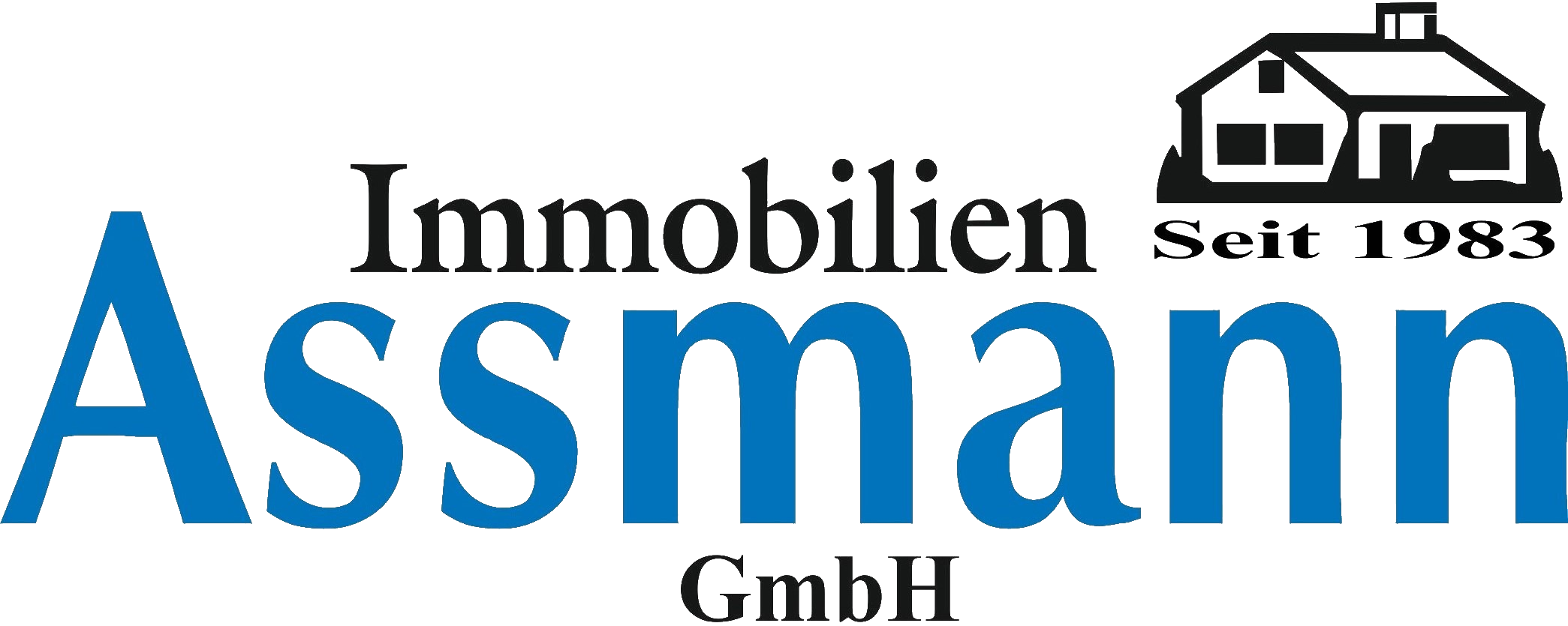 Logo der Immobilien Asseman GmbH mit einem stilisierten Haus und dem Firmennamen in schwarzer und blauer Schrift.