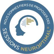 Logo of Neuroptimal with a silhouette of a head and brainwave lines inside, surrounded by French text indicating sessions for proposing.