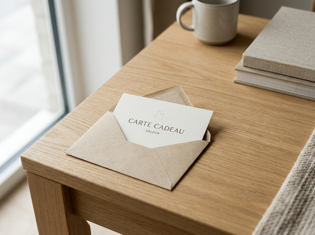 A gift card in an open envelope on a wooden table, next to a mug, with a stack of books nearby in a cozy setting near a window.