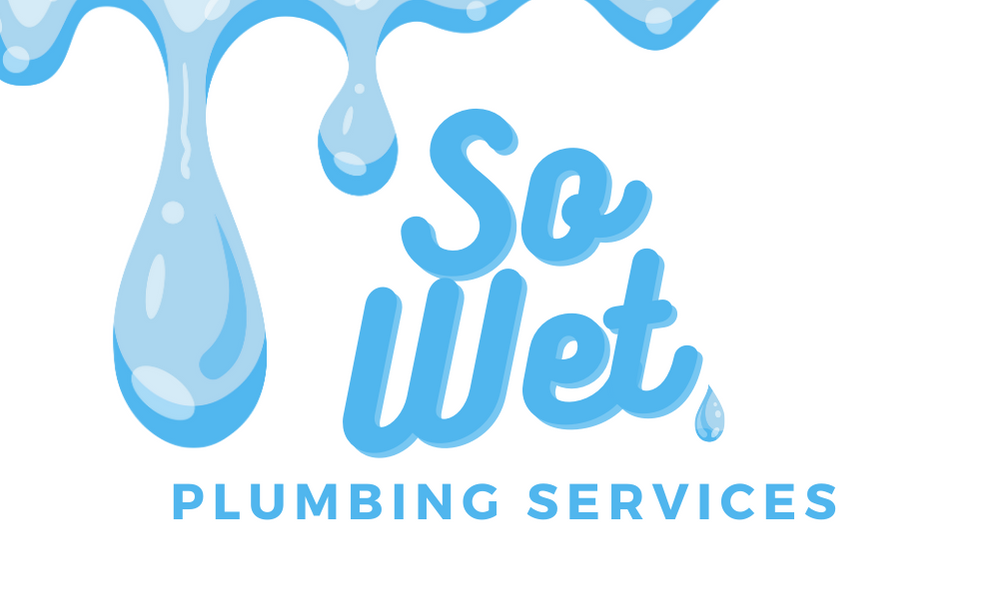 Logo for So Wet Plumbing Services with stylized water droplets and blue text.