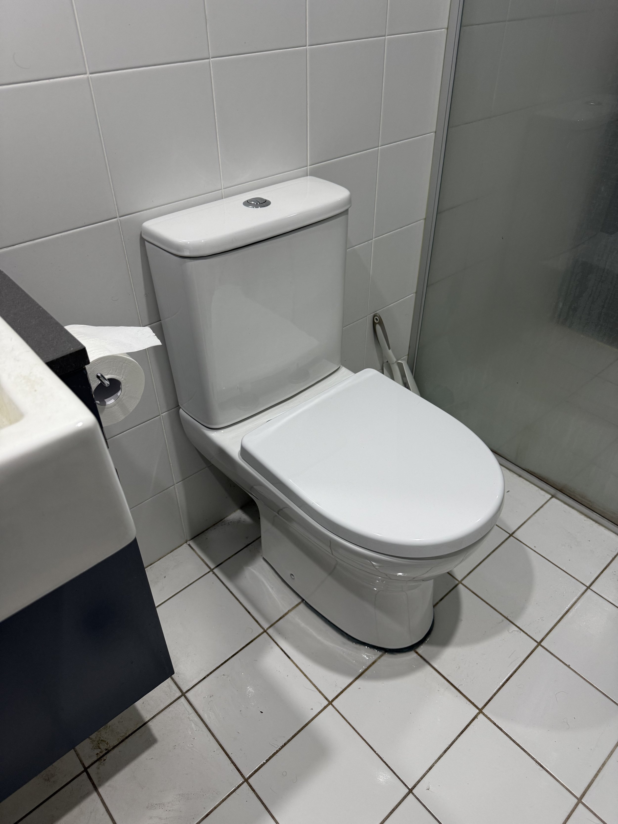 A clean, white toilet in a bathroom with white tiled walls and floor, next to a shower stall with a frosted glass door, and a roll of toilet paper on a black countertop.