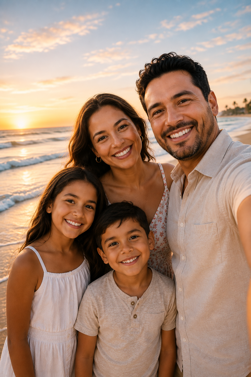 A family taking a selfie on the beach during sunset, with an ocean and sky with scattered clouds in the background.