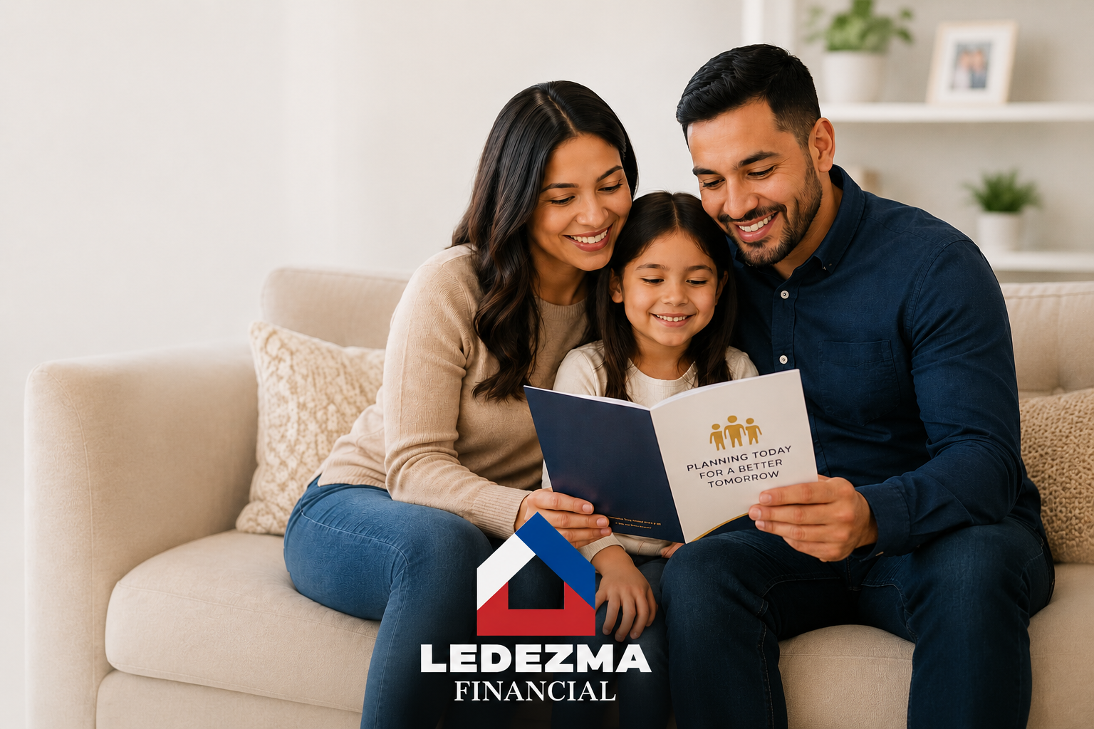 A family of three sitting on a beige sofa, reading a brochure titled 'Planning Today for a Better Tomorrow' with a logo that says 'LEDEZMA FINANCIAL' at the bottom.