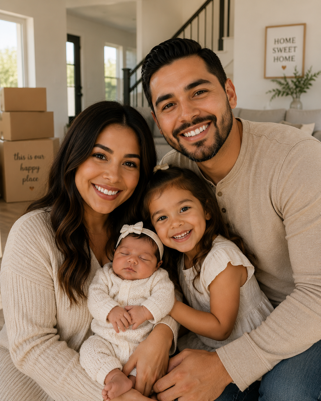 Family of four, including a mother, father, young girl, and newborn, smiling and hugging indoors in a living room with boxes and a framed sign that says, 'Home Sweet Home' in the background.