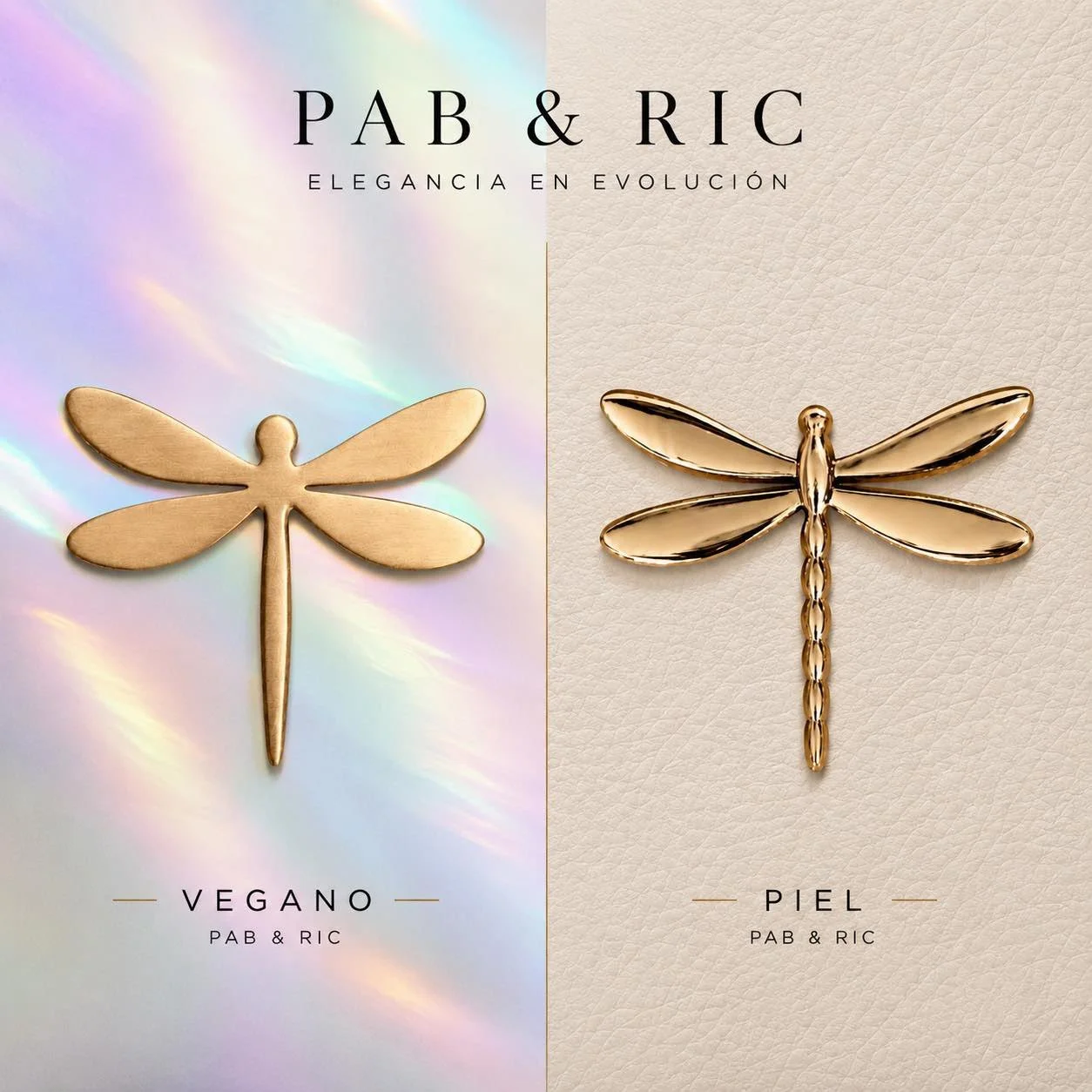 Dos abejas de metal, una en acabado mate y la otra en acabado brillante, enmarcadas por textos en español y logotipos de la marca PAB & RIC.