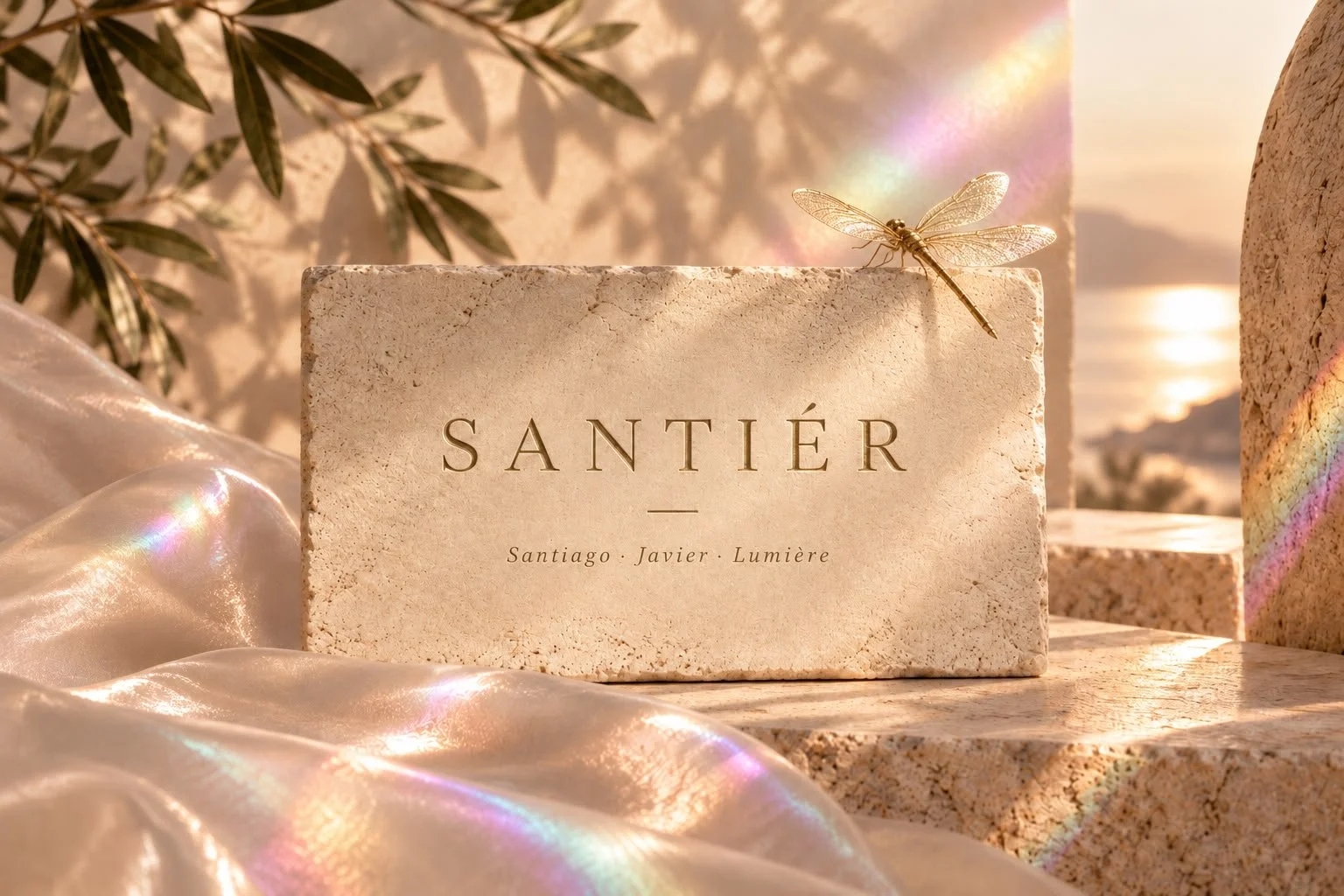 Ladrillo decorativo con la palabra 'SANTÍER' y los nombres 'Santiago, Javier, Lumière', con una libélula sobre él y fondo con plantas, adornos de tela, y efectos de luz y arcoíris.